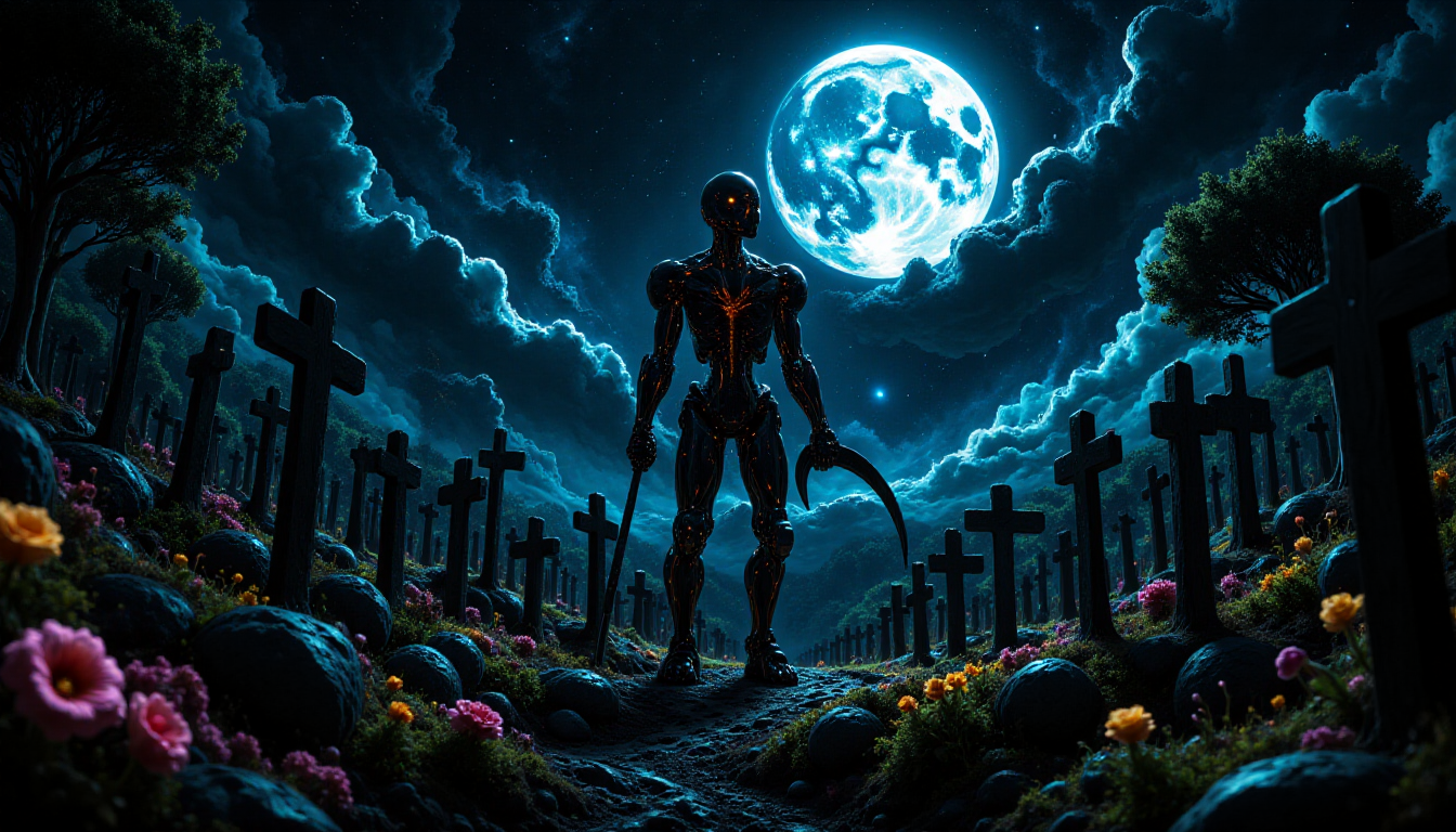 Cemetery. Night. In the center of the composition stands a robot. There is a full moon in the sky. In his hand the robot holds a scythe. The cemetery is dotted with an endless number of graves with crosses, and around there are bright beautiful flowers blooming and fairies flying